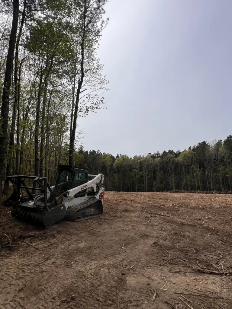 Compact track loader with forestry mulcher parked on a newly cleared dirt lot beside tall trees.