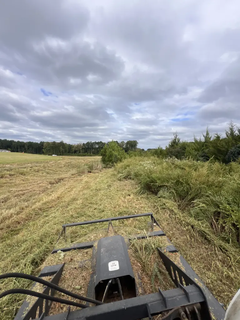 View from skid steer with brush cutter mowing tall weeds along a field edge in Gallatin, Tennessee.