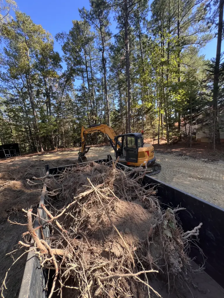Excavator loading uprooted stumps and roots into a dump trailer on a wooded lot.
